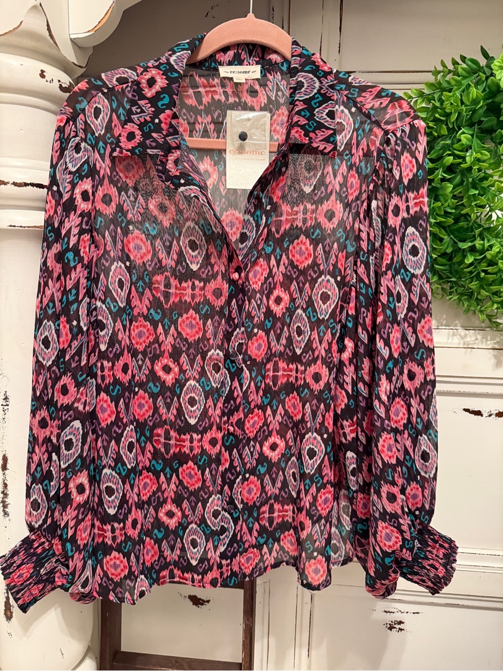 Lil Bees Bohemian eesome Pink, Black -Print Button Front Blouse